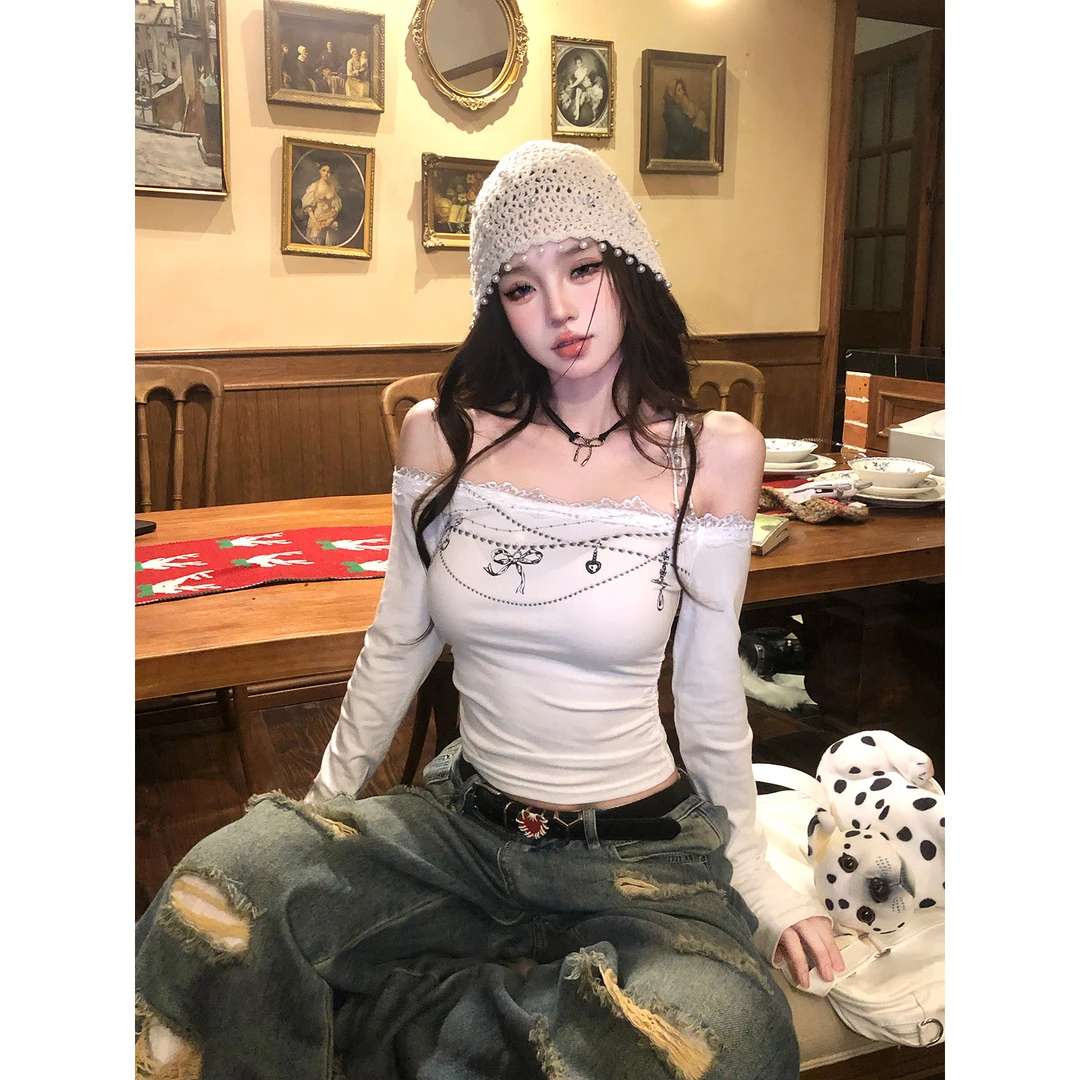 南理香腰臀狙杀 一字肩纯欲蕾丝T恤女初秋紧身长袖显瘦甜辣上衣