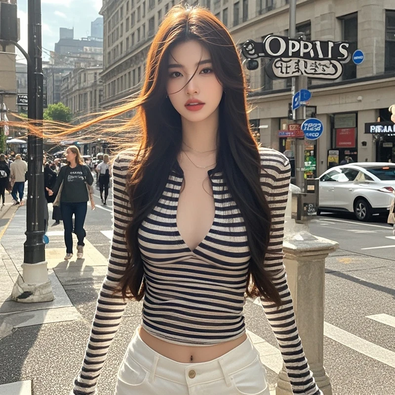 条纹性感辣妹性感低领上衣女