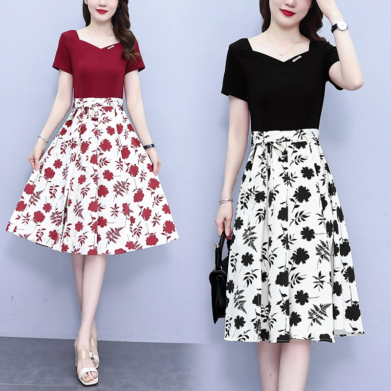 大码女装2025夏季新款法式气质高腰遮肚显瘦拼接假两件连衣裙