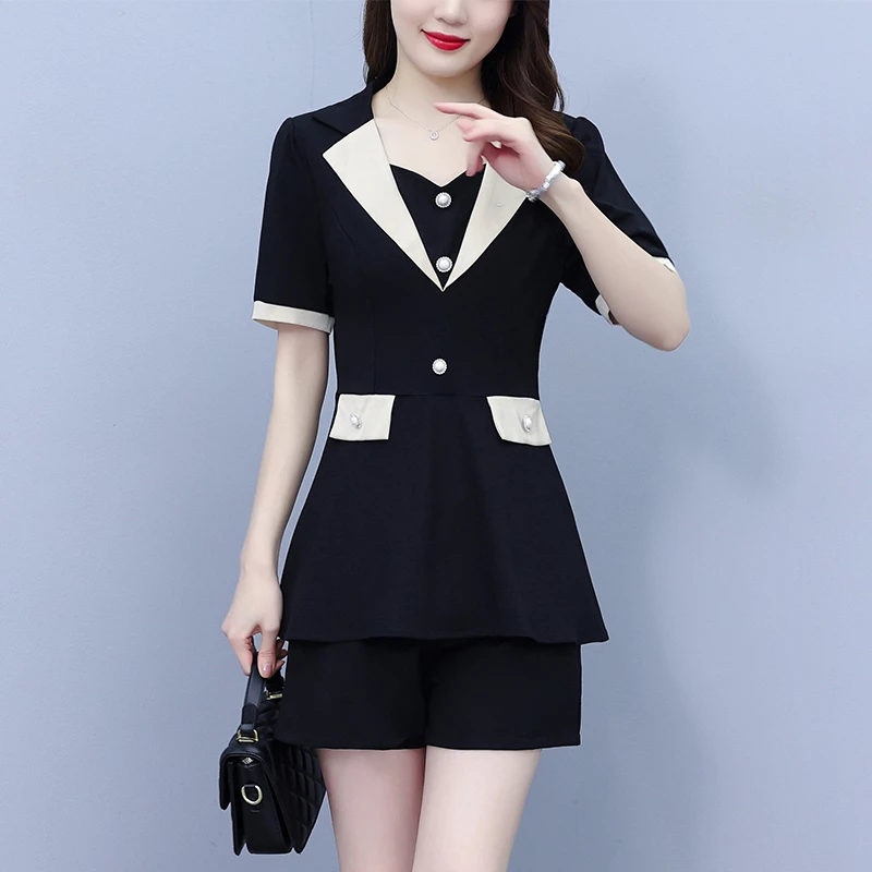 大码法式赫本风西装领套装夏季新款小个子气质减龄显瘦遮肚两件套