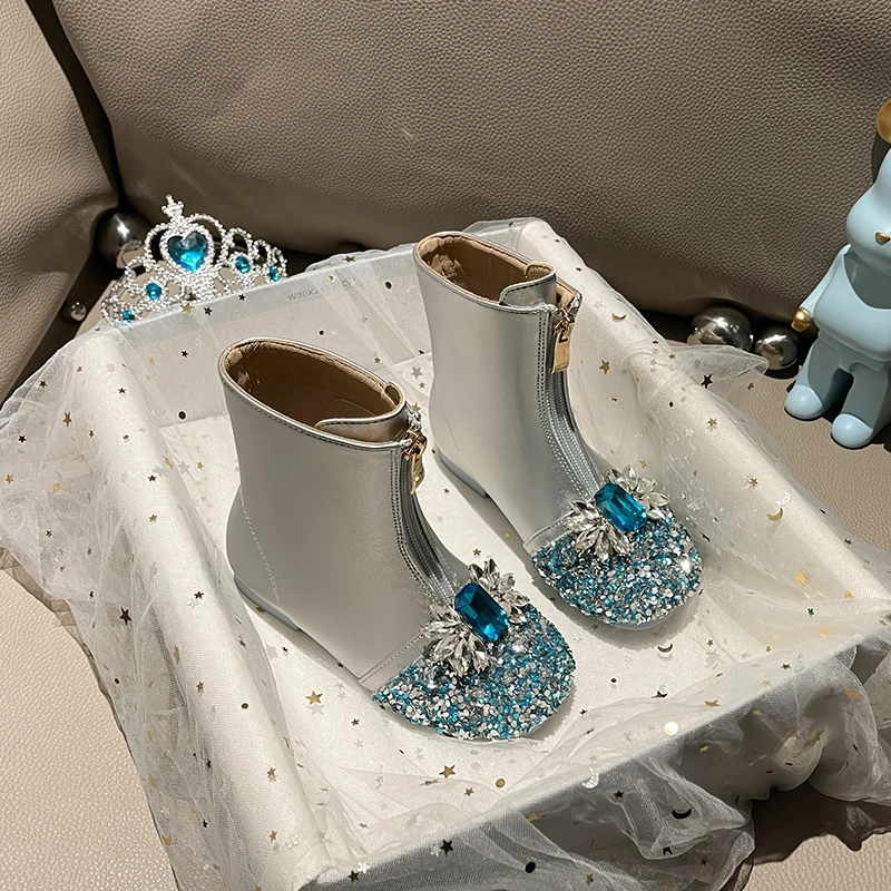 女童靴子公主水晶鞋儿童马丁靴秋冬季加绒软底宝宝短靴小女孩冬鞋