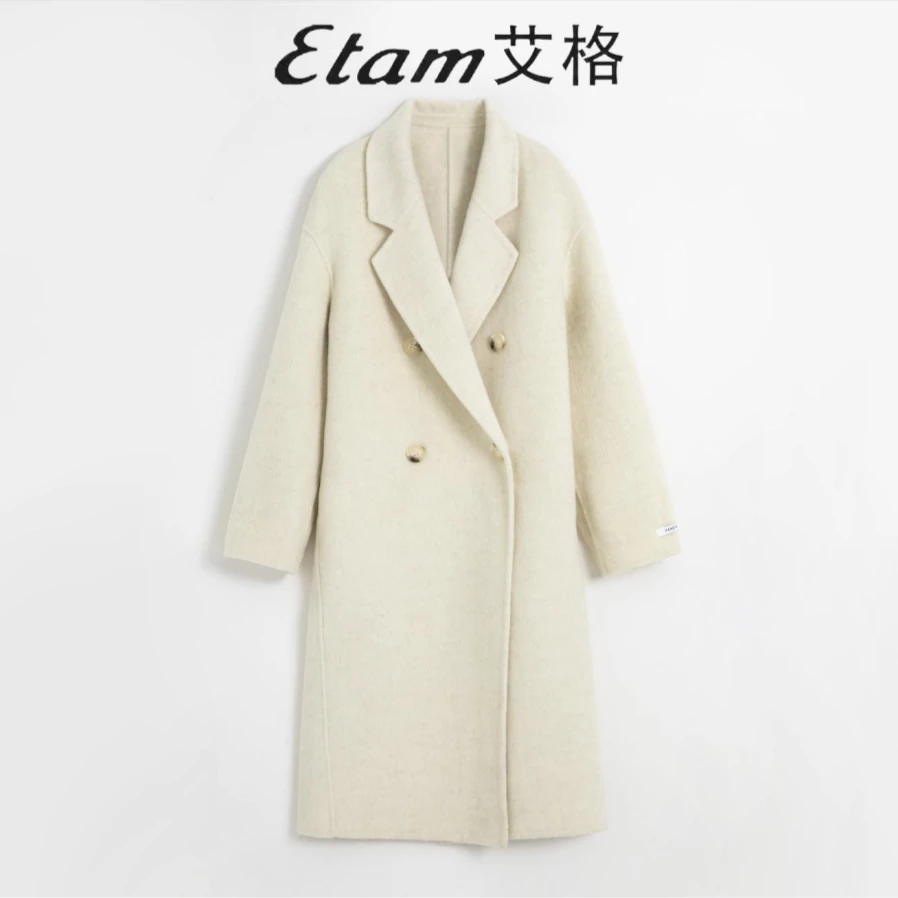 Etam/艾韩版秋冬中长款双排扣骆驼绒加厚双面呢大衣