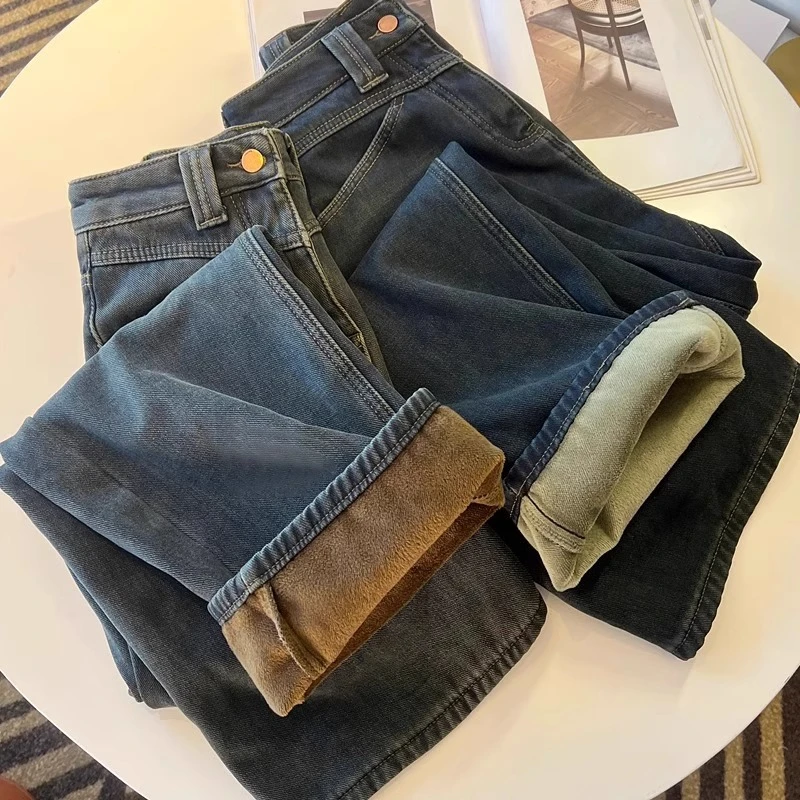 2024冬季新款加绒加厚高腰阔腿牛仔裤梨形身材显瘦宽松百搭拖地裤