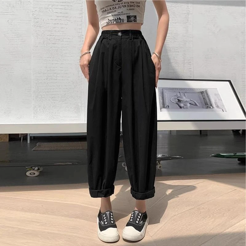 2024春夏大码复古显瘦高腰日系百搭休闲裤梨形身材气质直筒哈伦裤