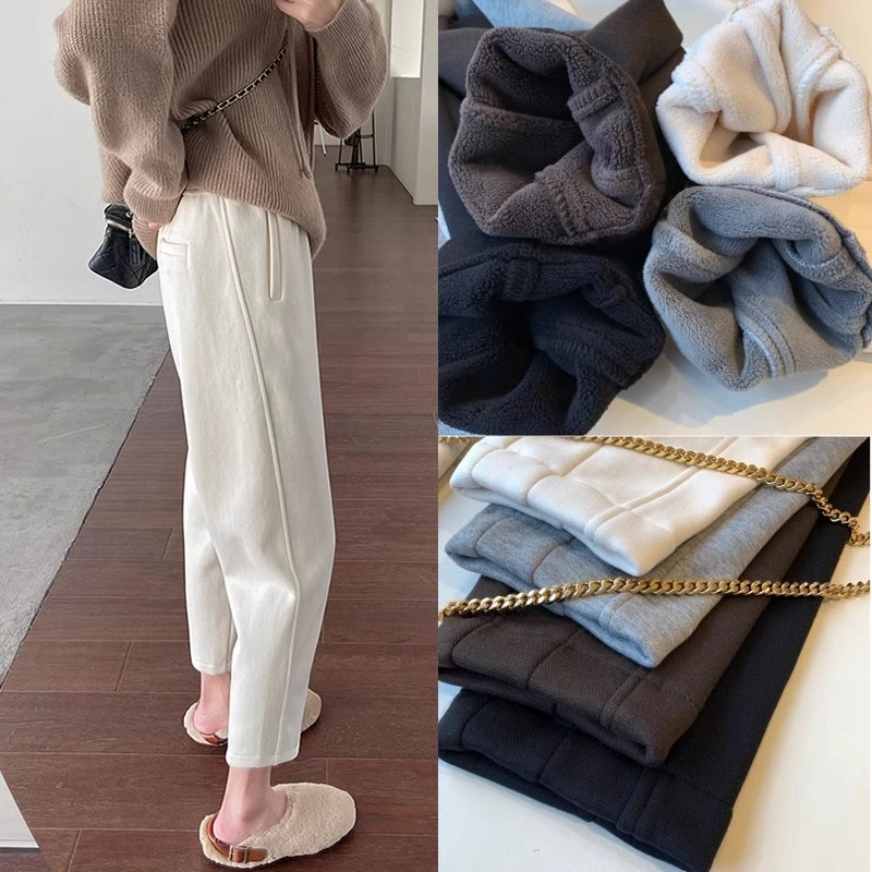 梨形身材加绒加厚九分哈伦裤女冬款大码胖妹妹显瘦萝卜裤休闲卫裤