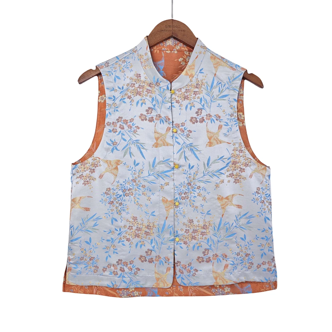 【巧琴】新中式桑蚕丝中国风立领日常女士复古宋锦直襟马甲 89910