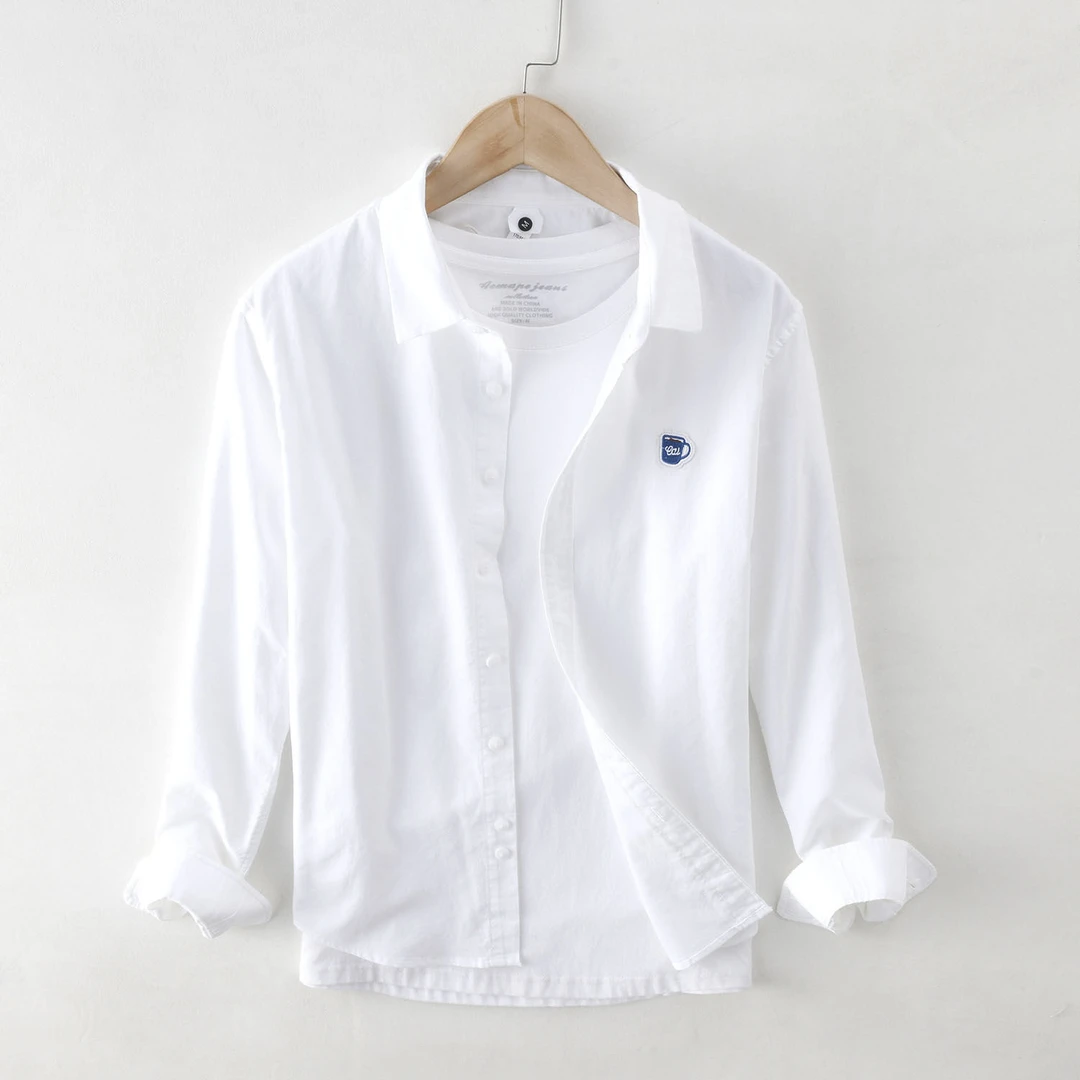 日系清新刺绣牛津纺长袖衬衫男士休闲薄款文艺宽松纯棉衬衣潮