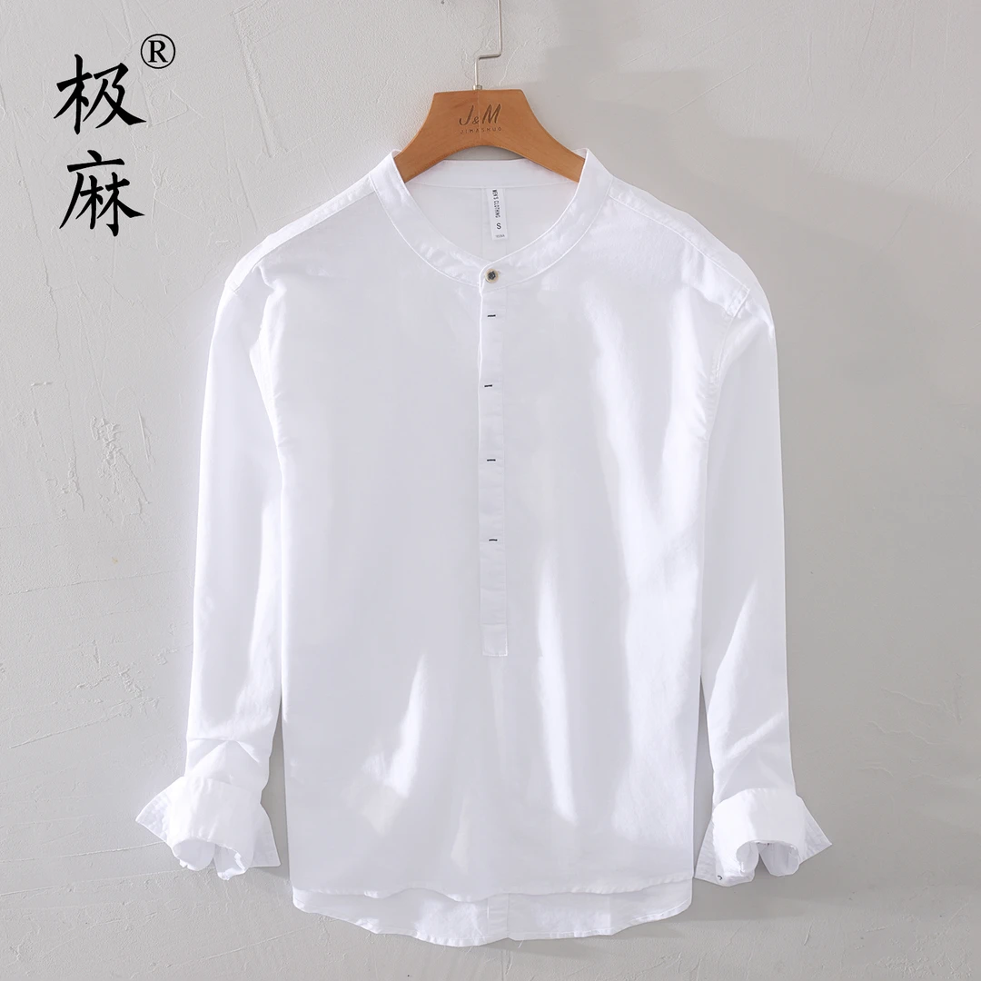 L959清新立领套头棉麻长袖衬衫男士休闲青年文艺中国风宽松衬衣