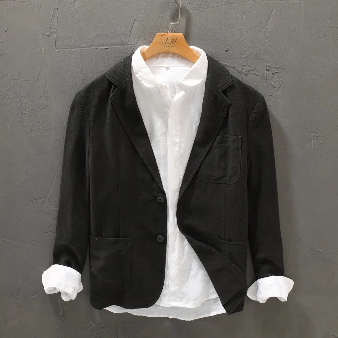 L949复古纯色休闲麻小西服男士大码商务宽松百搭青年西装外套春秋