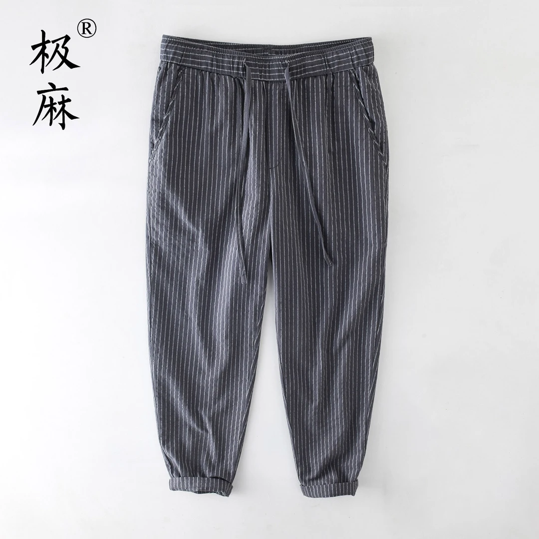 L8105复古条纹松紧腰直筒薄款休闲裤男士抽绳青年透气宽松九分裤