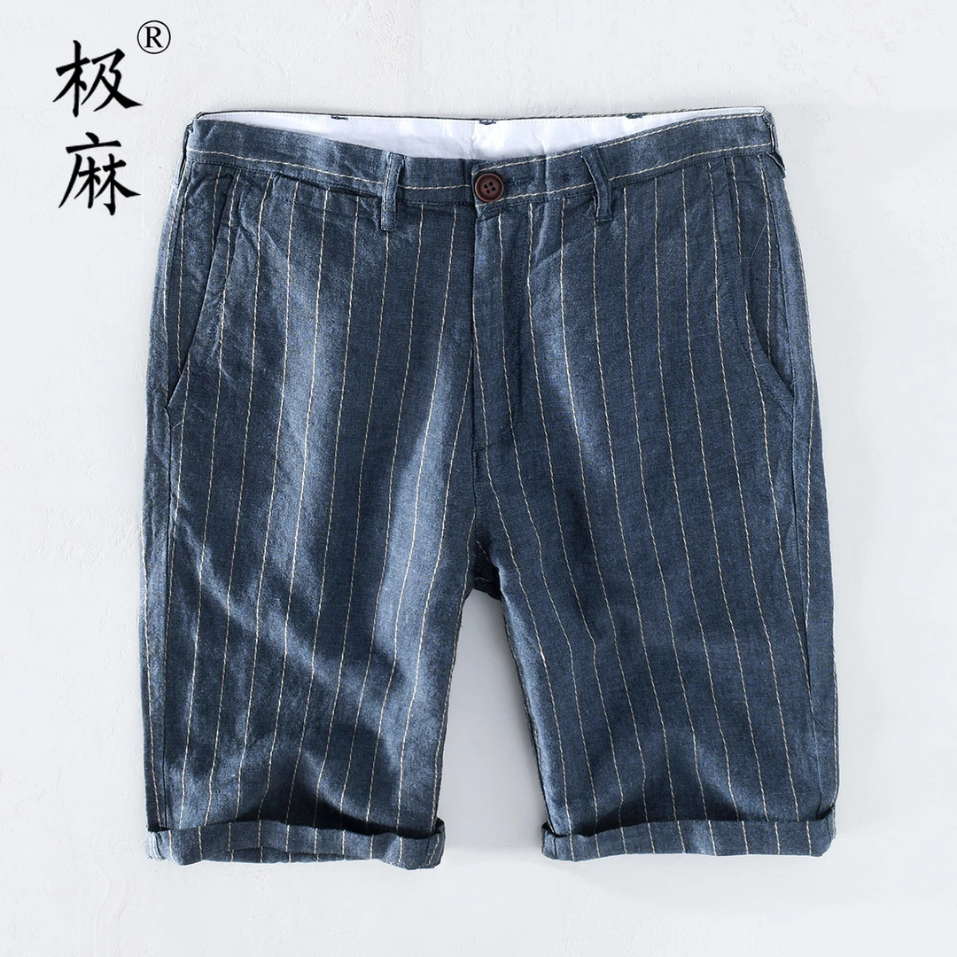 8108复古条纹沙滩棉麻短裤男士休闲薄款直筒宽松麻料文艺青年裤子