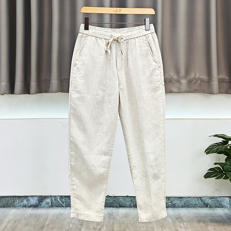 L8210清新薄款直筒松紧腰亚麻休闲裤男士纯色宽松抽绳棉麻九分裤