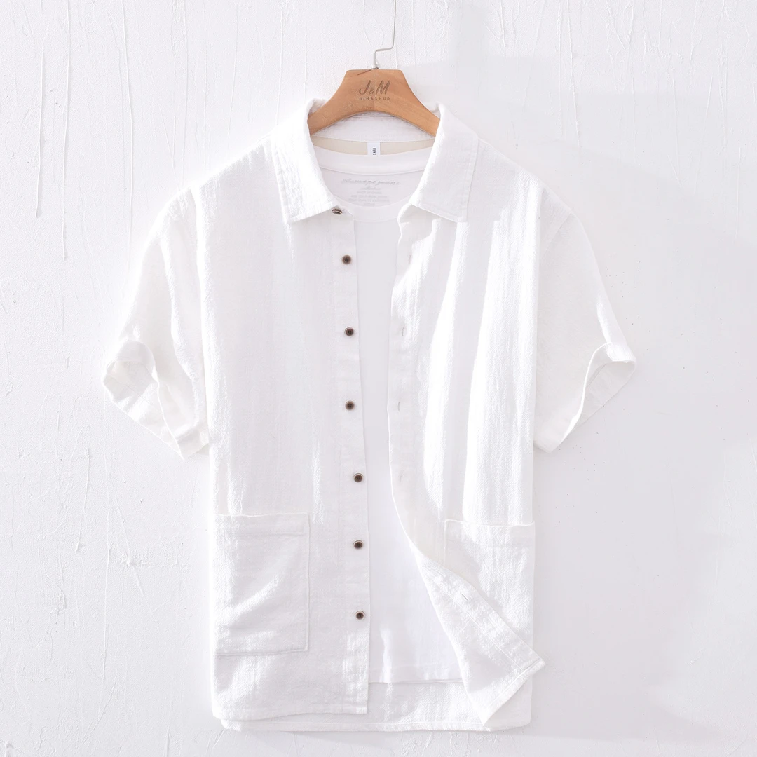 L140夏季苎麻百搭短袖棉麻衬衫男士日系基础休闲宽松大码亚麻衬衣