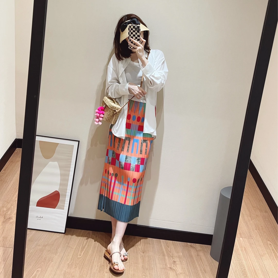气质网红同款时尚夏季新款印花褶皱半身裙高腰设计感开叉A字裙