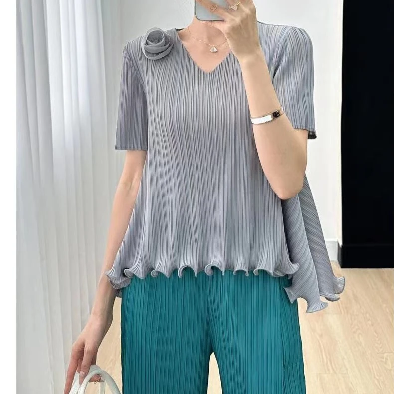 纯色短袖上衣女2024年夏季高弹力大码花朵显瘦褶皱气质V领打底衫