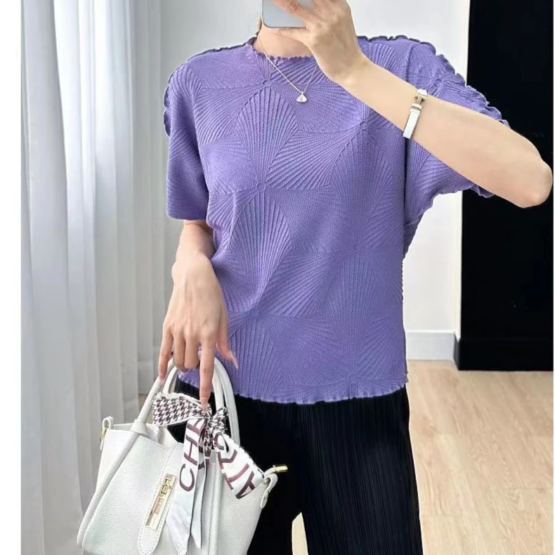 欧货设计感上衣气质舒适简约纯色宽松圆领褶皱T恤女夏季新款