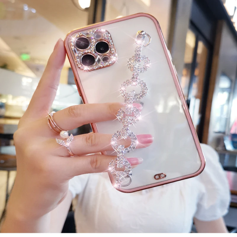 适用苹果14手机壳电镀全包iphone15创意13promax镶钻手链手机壳