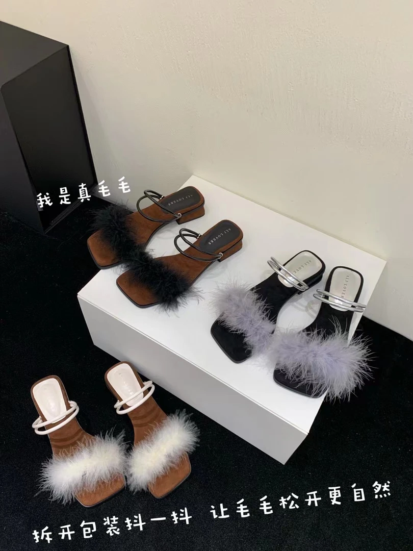 248-248夏季时尚百搭凉鞋网红粗跟毛毛外穿一字带凉拖鞋气质女鞋