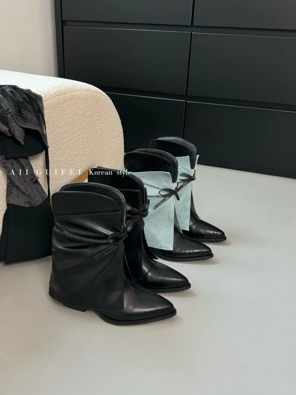 N70-2秋冬款V口牛仔西部女靴百搭黑色中筒裤管靴尖头粗跟气质短靴