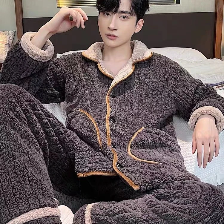 秋冬款珊瑚绒睡衣男士加厚加绒冬季保暖法兰绒家居服冬天男款套装