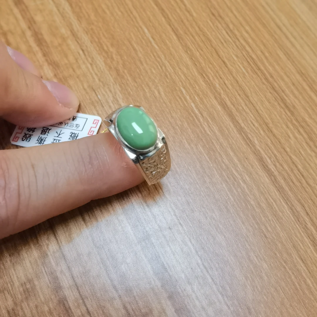 天然原矿绿松石戒指 925银镶嵌