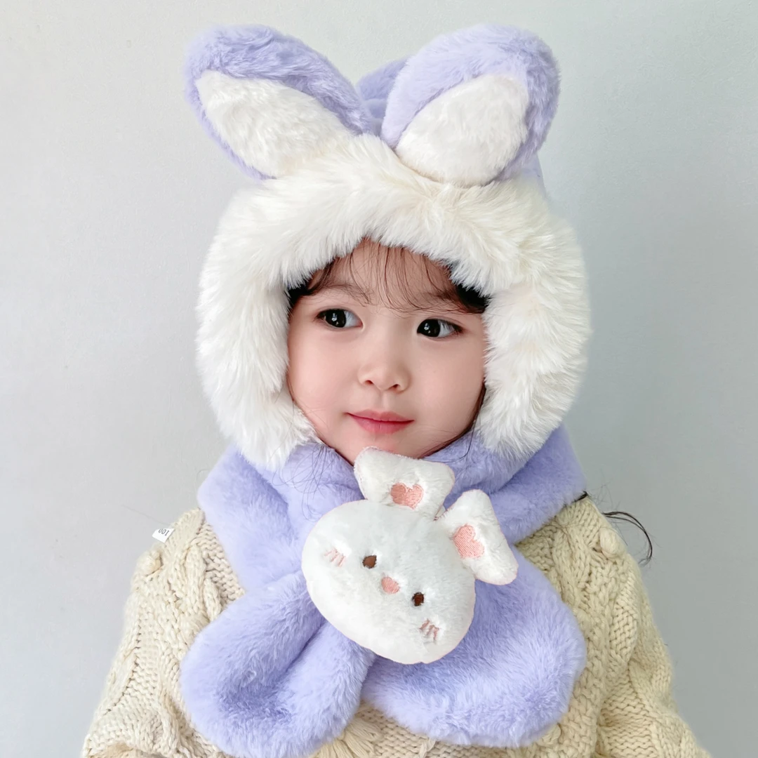 儿童帽子围巾一体围脖秋冬季加绒宝宝卡通帽保暖男女童毛绒帽爆款