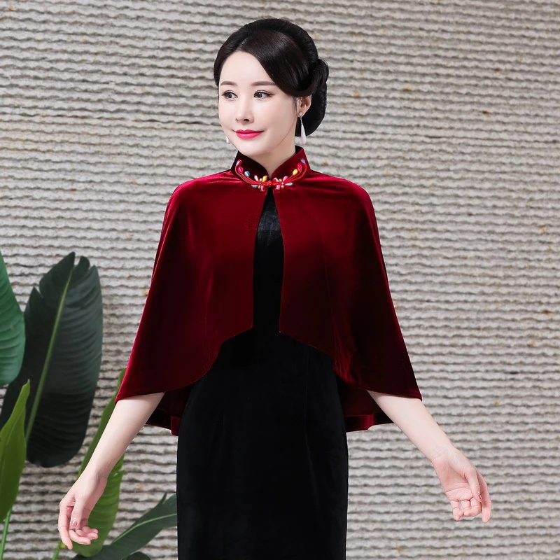 新中式金丝绒日常披肩时尚百搭喜婆婆婚宴配旗袍礼服立领高贵外搭