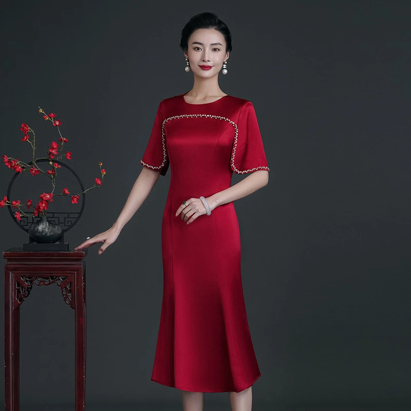 喜婆婆婚宴旗袍中长款优雅高贵中国风修身气质鱼尾裙妈妈装婚礼服