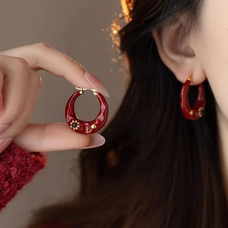 铜合金珐琅耳饰 轻奢安可拉红色滴釉珐琅耳环法式高级感气质耳圈