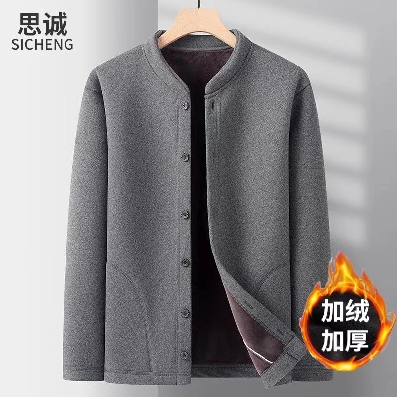 爸爸装秋冬季男装男士保暖立领短款棉服中老年内搭一体绒外穿棉衣