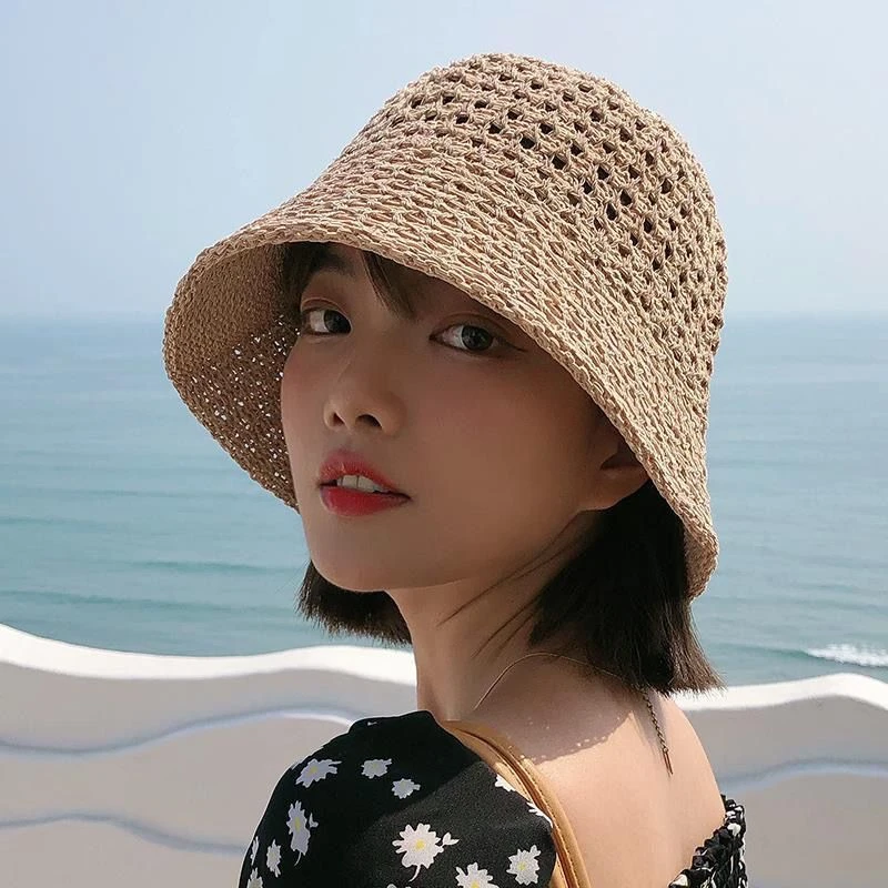 草帽网红款女夏沙滩小檐防晒遮阳帽子出游编织海边渔夫帽