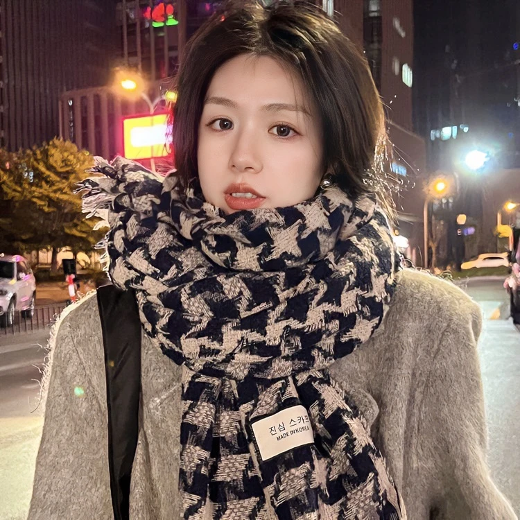 韩系风流苏款加厚冬季保暖针织格子围脖百搭流苏撞色千鸟格围巾女