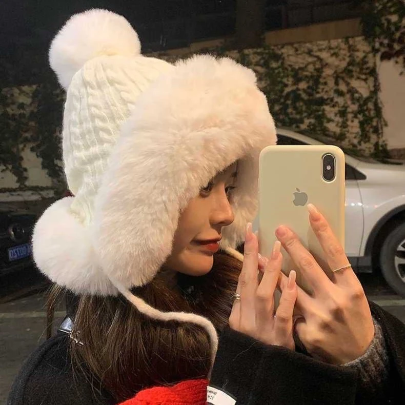 秋冬季加厚绒针织毛线帽子女冬保暖套头护耳兔毛球可爱雷锋帽女款