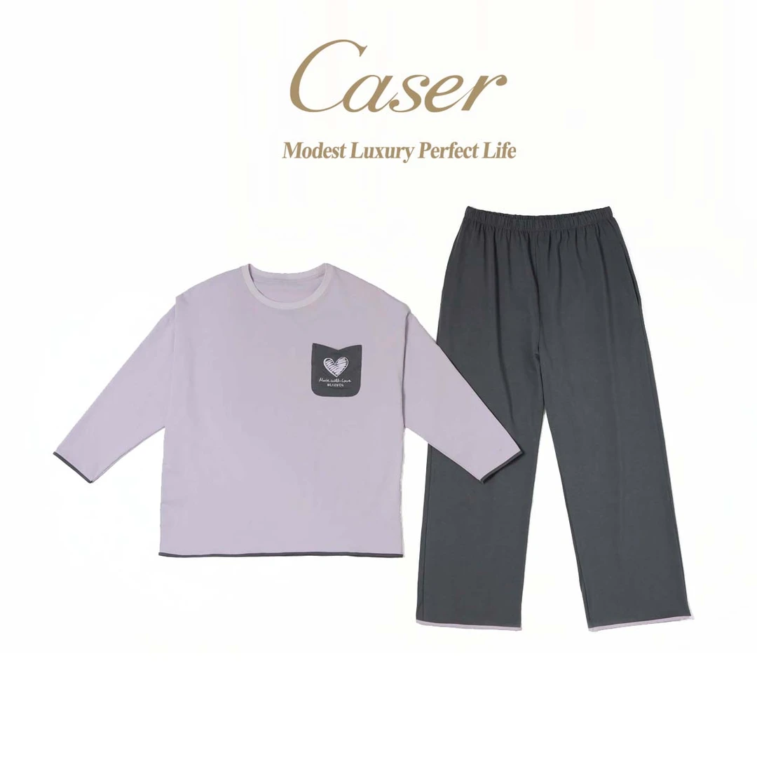 caser宽松女士紧赛棉刺绣家居套装圆领春秋DWJ851101长袖时尚打底