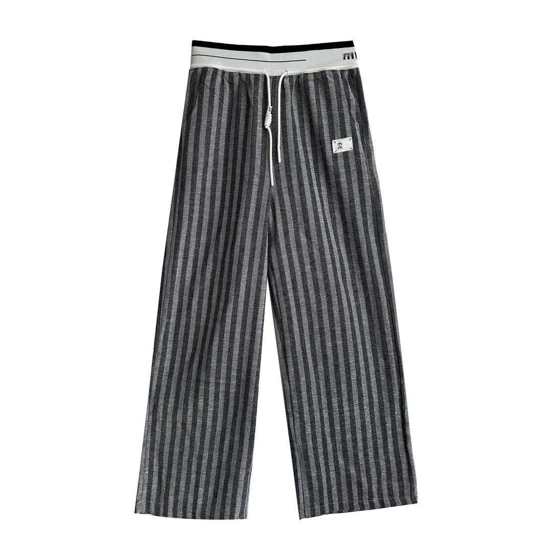 竖条纹阔腿裤女春秋松紧高腰抽绳韩版长裤