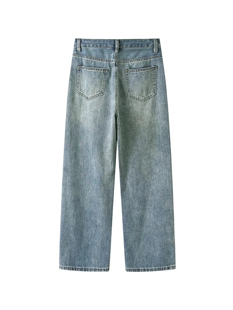 高腰牛仔裤女春秋2023新款宽松显瘦复古做旧直筒阔腿裤子