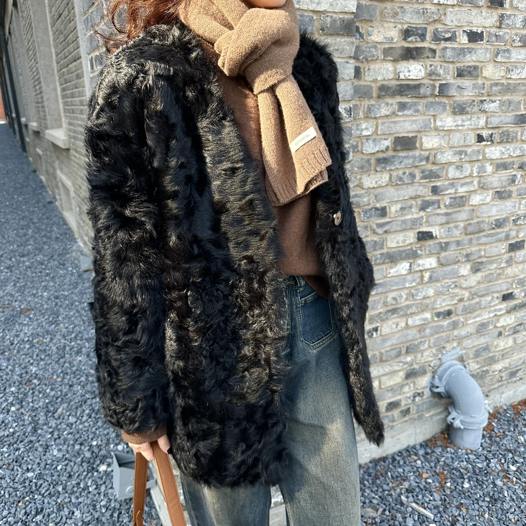 【曼禾】原生态小湖羊卷毛皮毛一体外套女中长款高奢宽松黑色3387