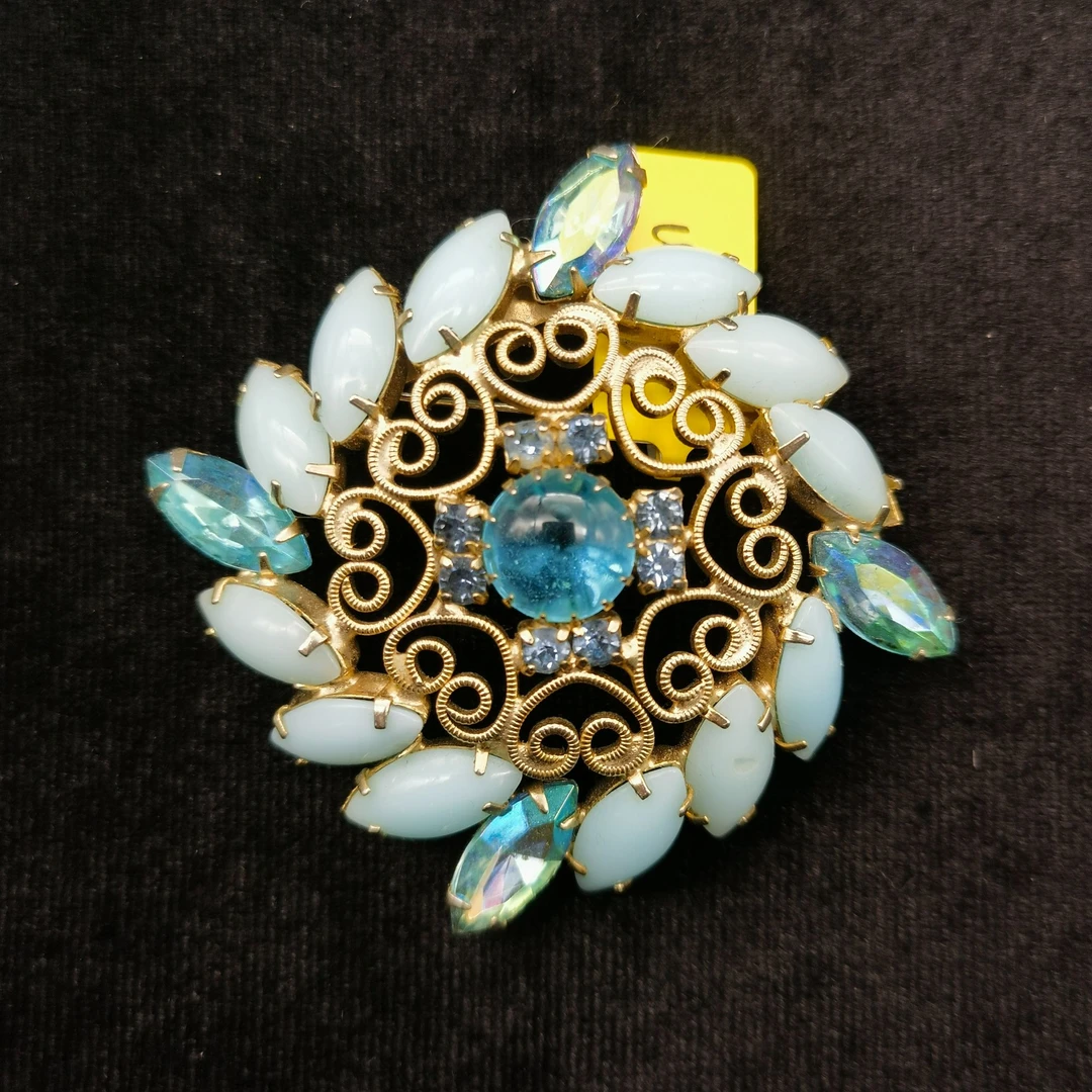 合金胸针 PP中古首饰vintage 复古牛奶琉璃莱茵石镶嵌胸针