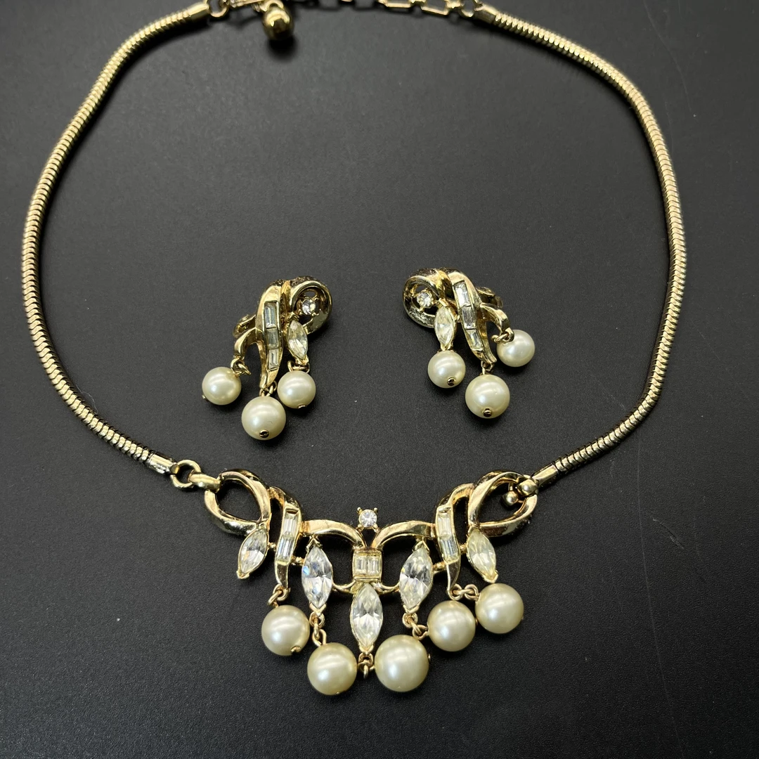 合金项链 PP中古首饰 Vintage翠法丽Trifari珠珠项链套装