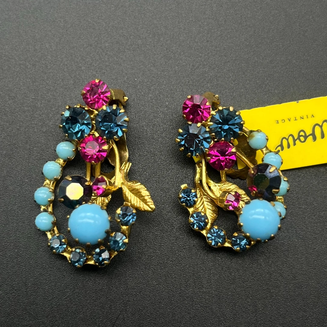 合金耳饰 PP中古首饰vintage Austria红蓝蓝茵石优雅高级耳夹