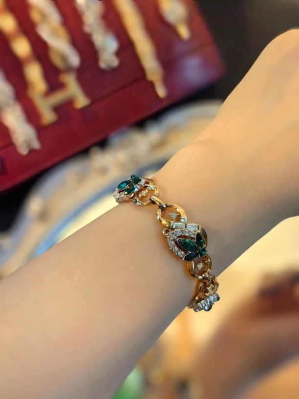 合金手链 ZZ 合集首饰复古翠拼色莱茵石金色手链气质法式240913