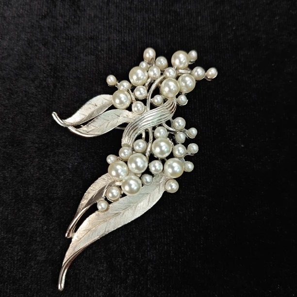 合金胸针 PP中古首饰vintage 翠法丽trifari素银仿珍珠胸针