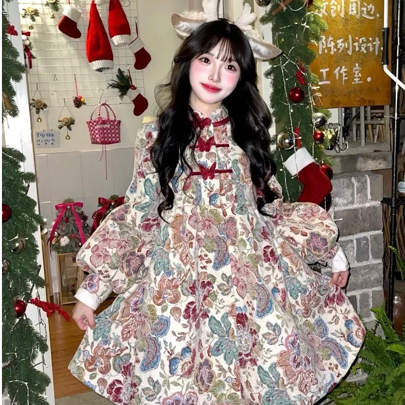 复古国风蝴蝶结扣夹棉娃娃裙外套#20190