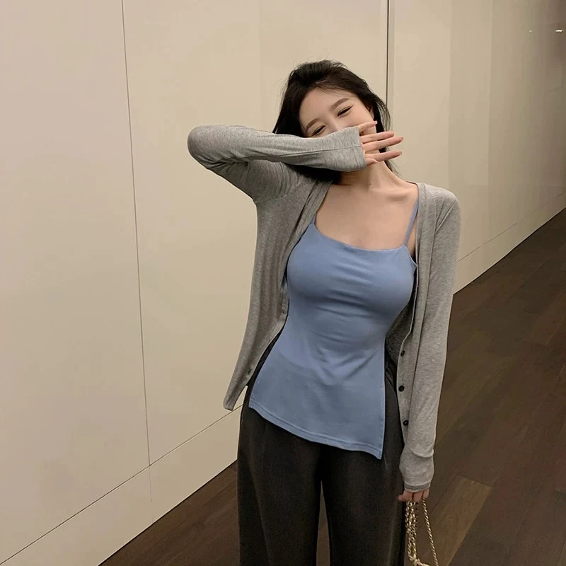 辣妹不规则吊带休闲裤开衫三件套#63037