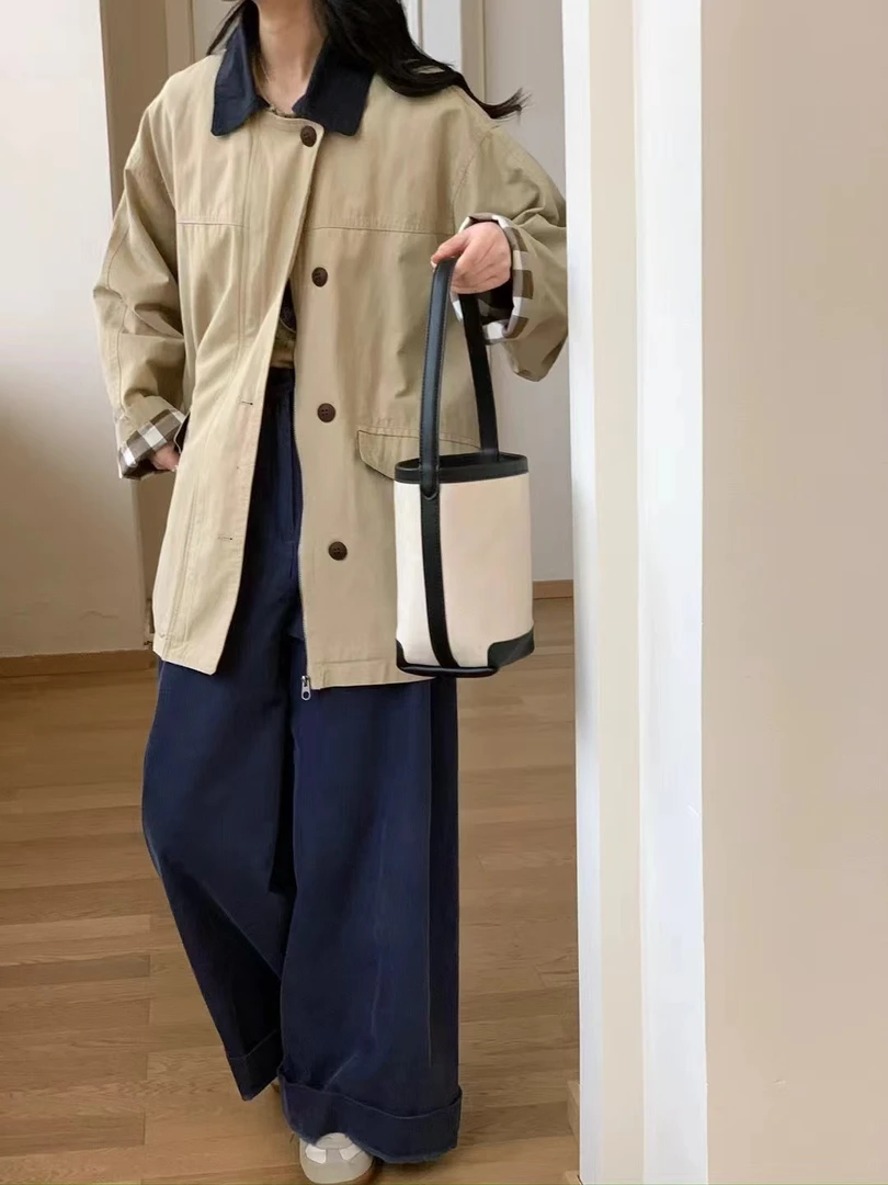 84123日系撞色领工装休闲百搭宽松春秋中长款风衣外套女