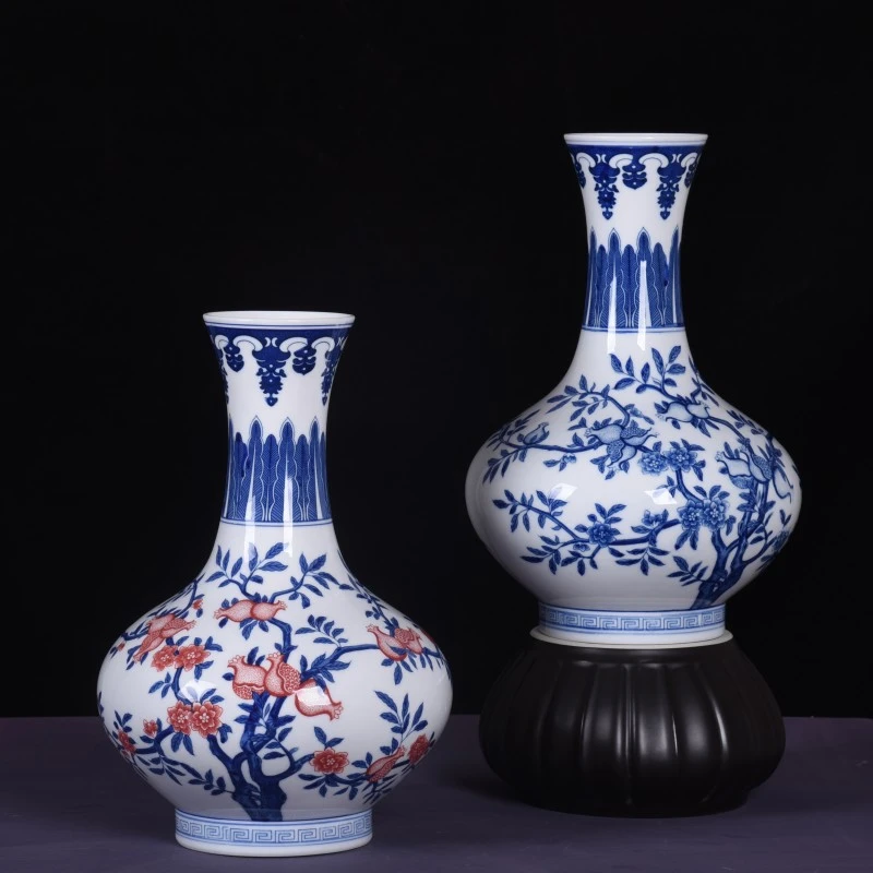 新中式陶瓷器薄胎青花瓷釉下彩仿古花瓶客厅电视柜插花摆件工艺品