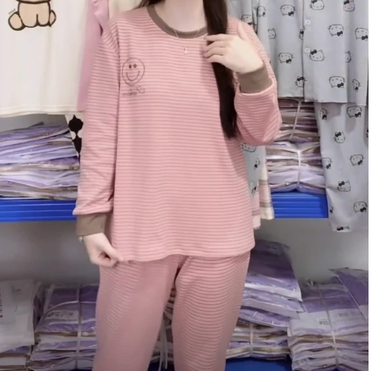 带胸垫秋冬款睡衣女士长袖睡衣休闲免穿可外穿舒适纯棉家居服套装