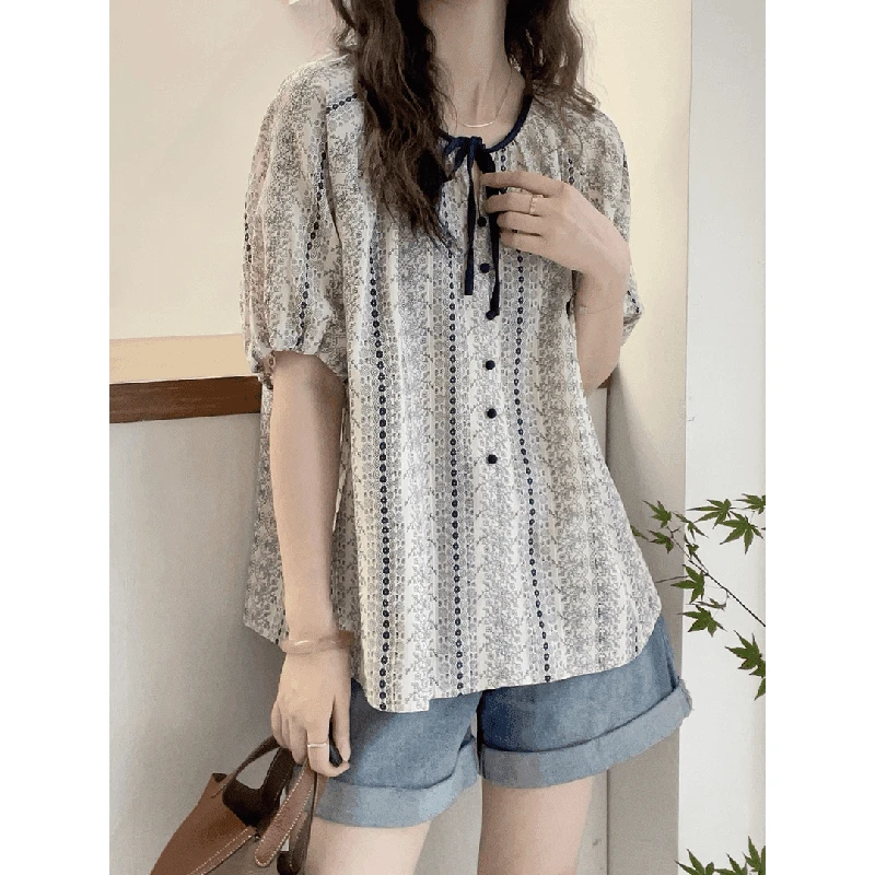 夏季新款娃娃衫设计感印花衬衣洋气碎花上衣韩版短袖衬衫潮流爆