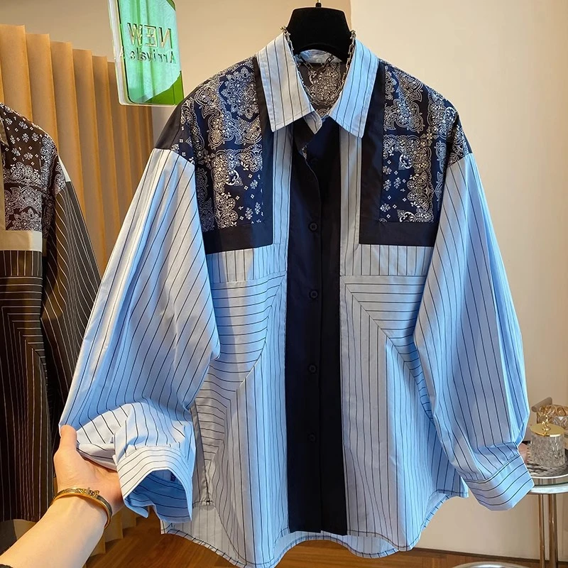 设计感复古条纹碎花长袖衬衫上衣女春秋新款宽松独特别致小衫潮流