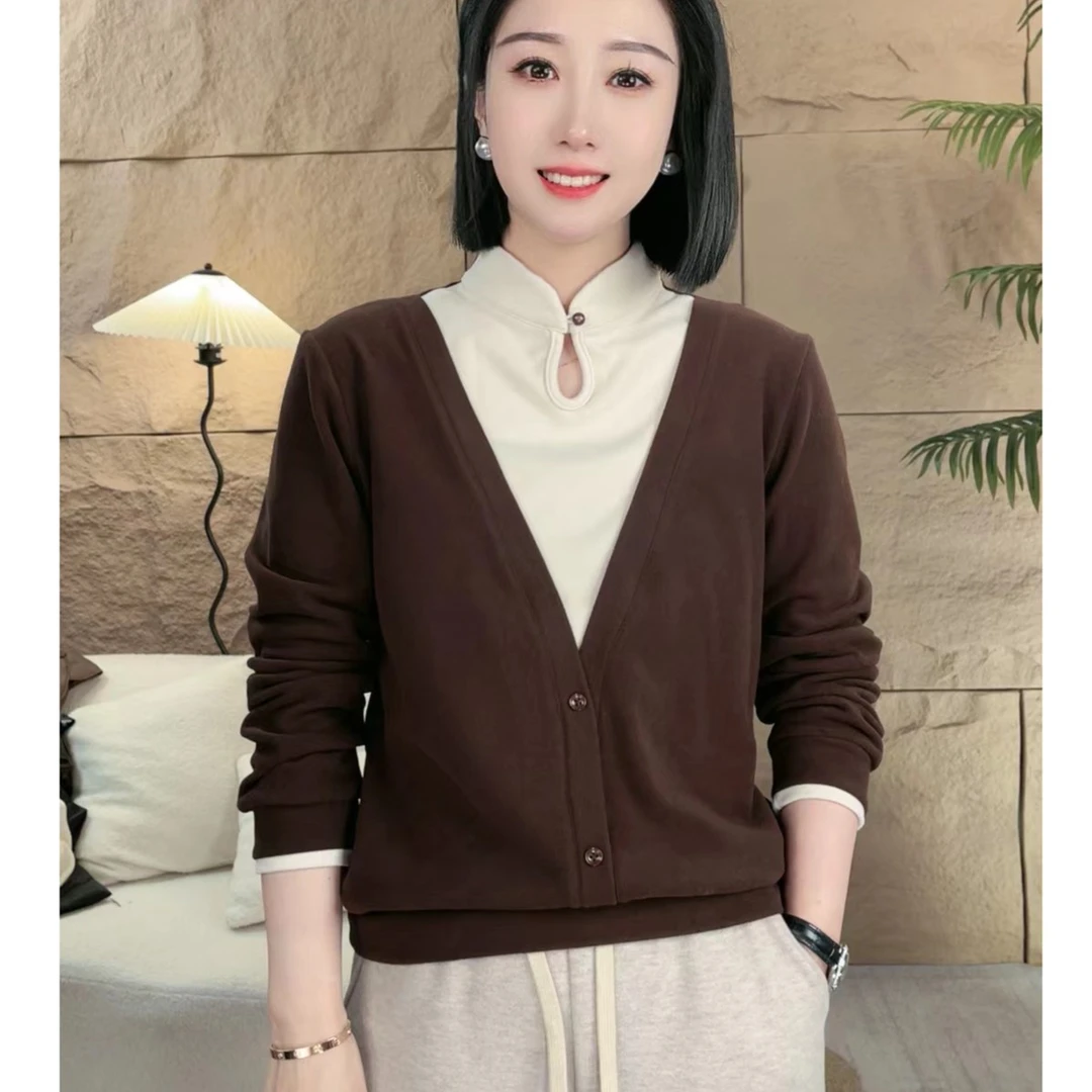 2023西静艺绒中领镂空澳绒打底衫假两件拼色女士打底衫卫衣